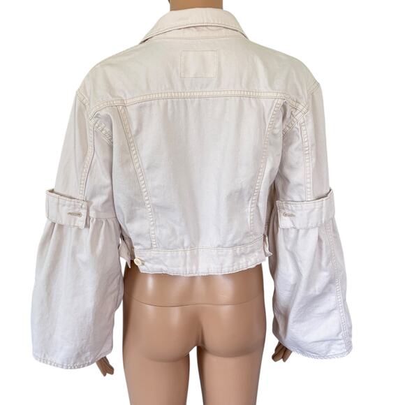 Upcycled Bell Sleeve Denim Cropped Jacket Minimalist Edgy Streetwear Cream S - Picture 4 of 14